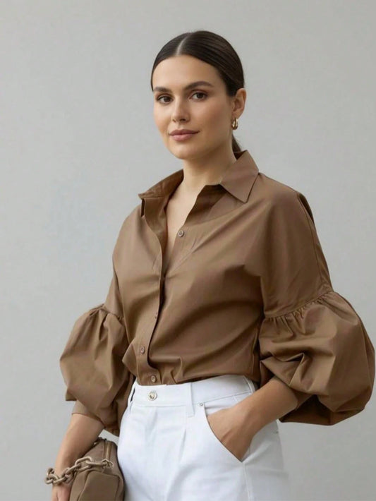 Women's New Bestselling: Brown Puff Sleeve Button Shirt| Elegant Spring/Summer Top, Essential For Casual, Office And Daily Wear