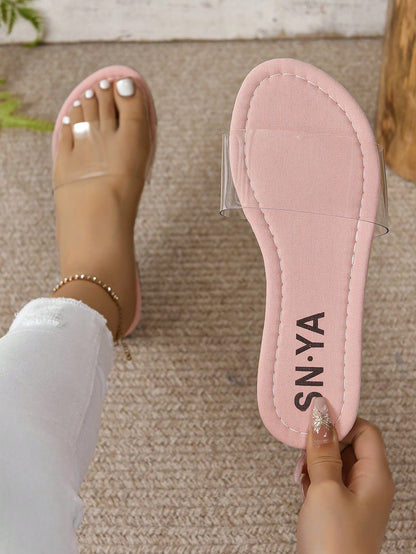 Women's Plus Size Summer Sandals, Fashion Beige See-Through Strap Flat Casual Minimalistic Beach Slides,Leopard Print