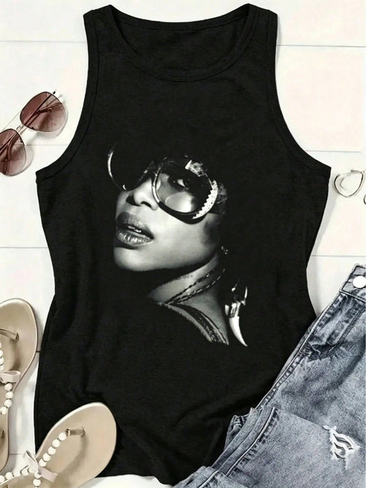 Women's Retro Sunglasses Print Tank Top, Vintage Sleeveless Tops, Western Outfits For Women, Summer Tops, Black Tops