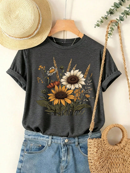 Women's Round Neck Short Sleeve Casual Vintage Ditsy Floral T-Shirt Vacation Summer