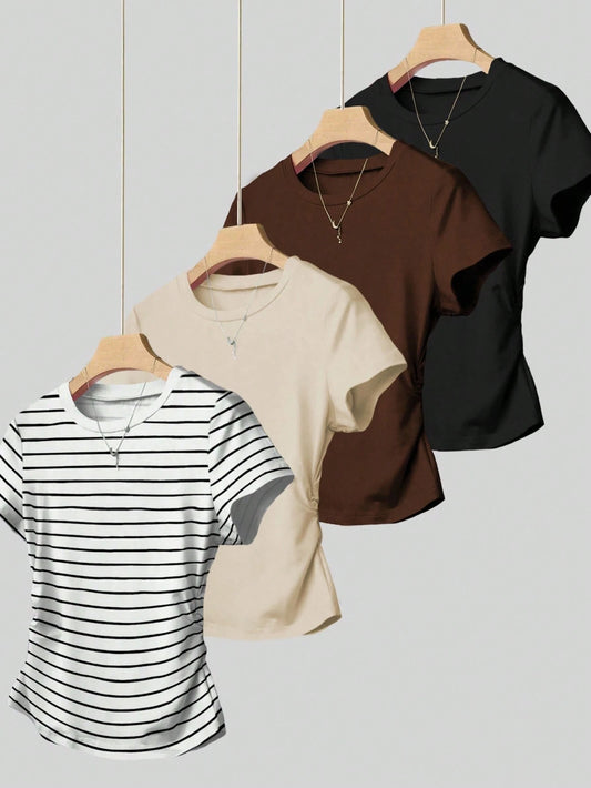 Women's Round Neck Short Sleeve Pleated Casual Versatile T-Shirt