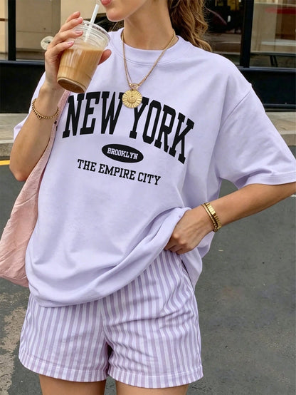 Women's Round Neck Short Sleeve T-Shirt, Summer New Letter Print, Casual Loose Versatile Top, Fashion Daily Wear
