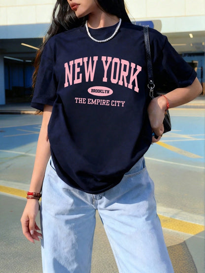 Women's Round Neck Short Sleeve T-Shirt, Summer New Letter Print, Casual Loose Versatile Top, Fashion Daily Wear
