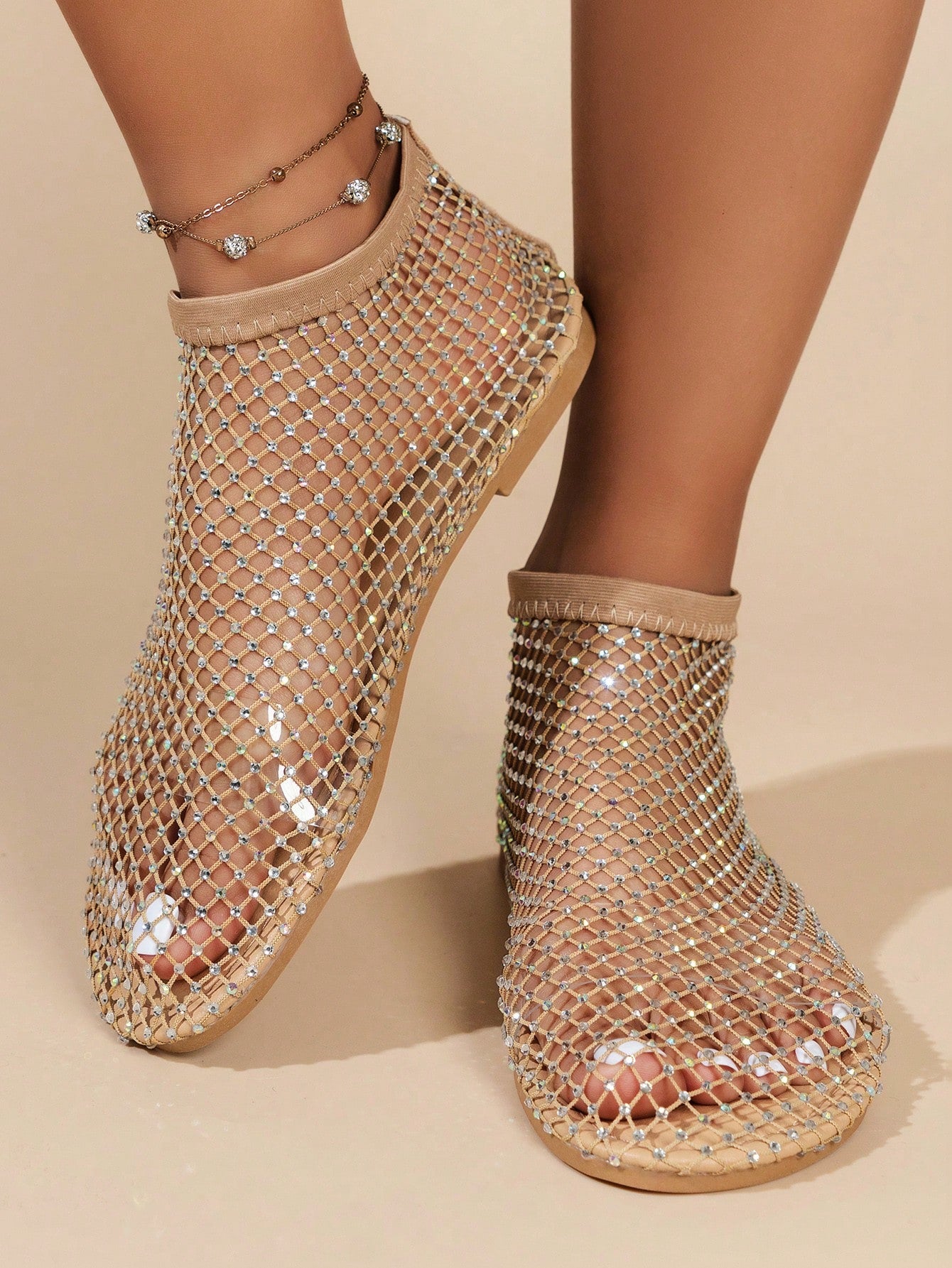 Women's Sandals Rhinestone Embellished Shiny Mesh Flat Sandals, Golden For Summer Vacation