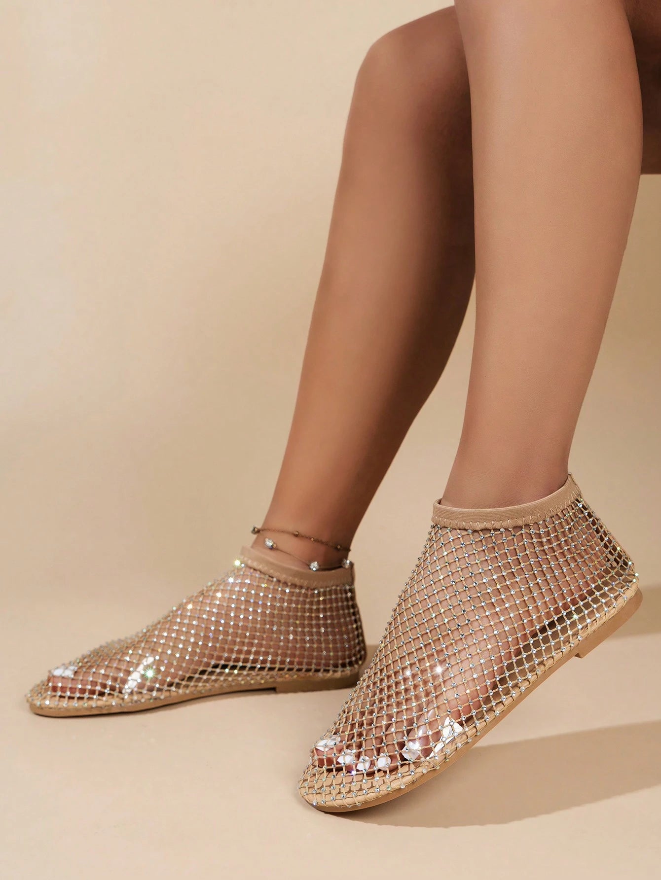 Women's Sandals Rhinestone Embellished Shiny Mesh Flat Sandals, Golden For Summer Vacation