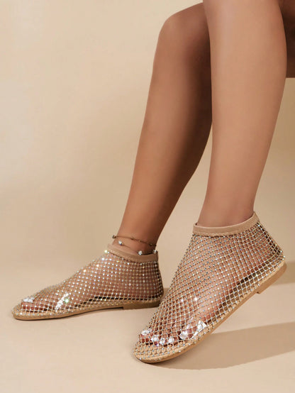 Women's Sandals Rhinestone Embellished Shiny Mesh Flat Sandals, Golden For Summer Vacation