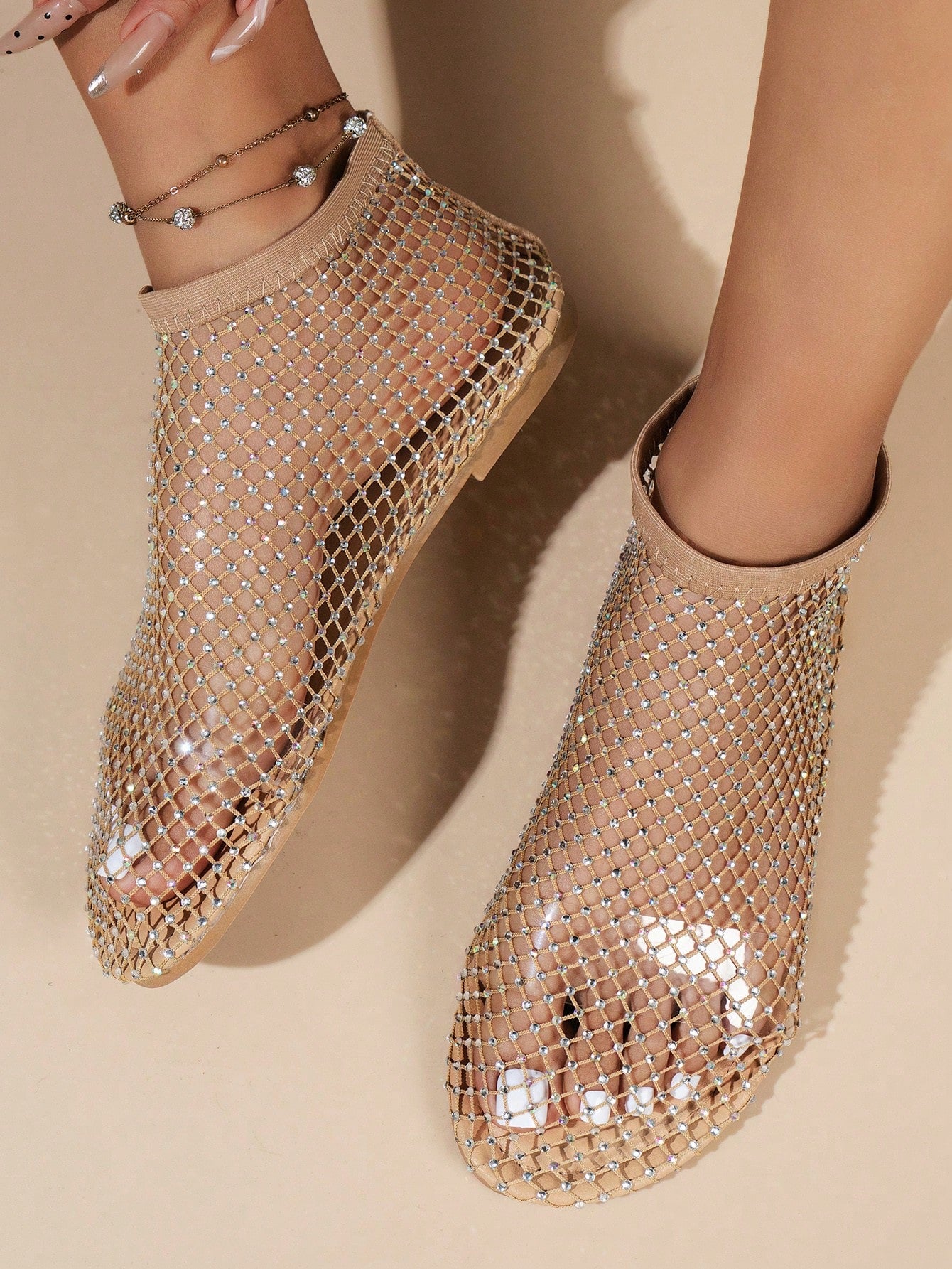 Women's Sandals Rhinestone Embellished Shiny Mesh Flat Sandals, Golden For Summer Vacation