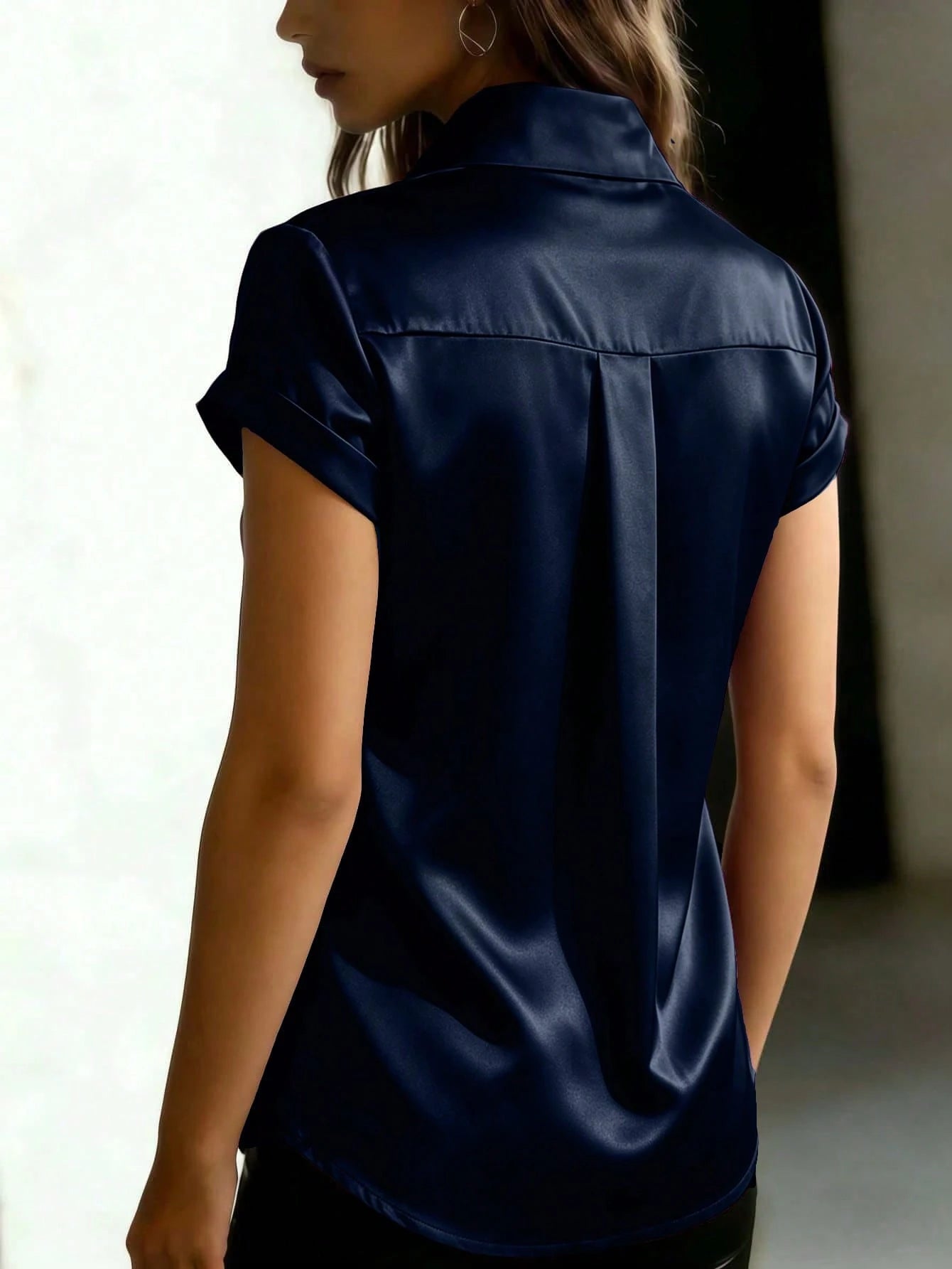 Women's Satin Collared Short Sleeve Shirt, Front Button Closure, Fitted Formal Blouse Summer