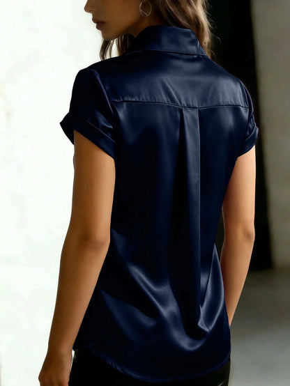 Women's Satin Collared Short Sleeve Shirt, Front Button Closure, Fitted Formal Blouse Summer