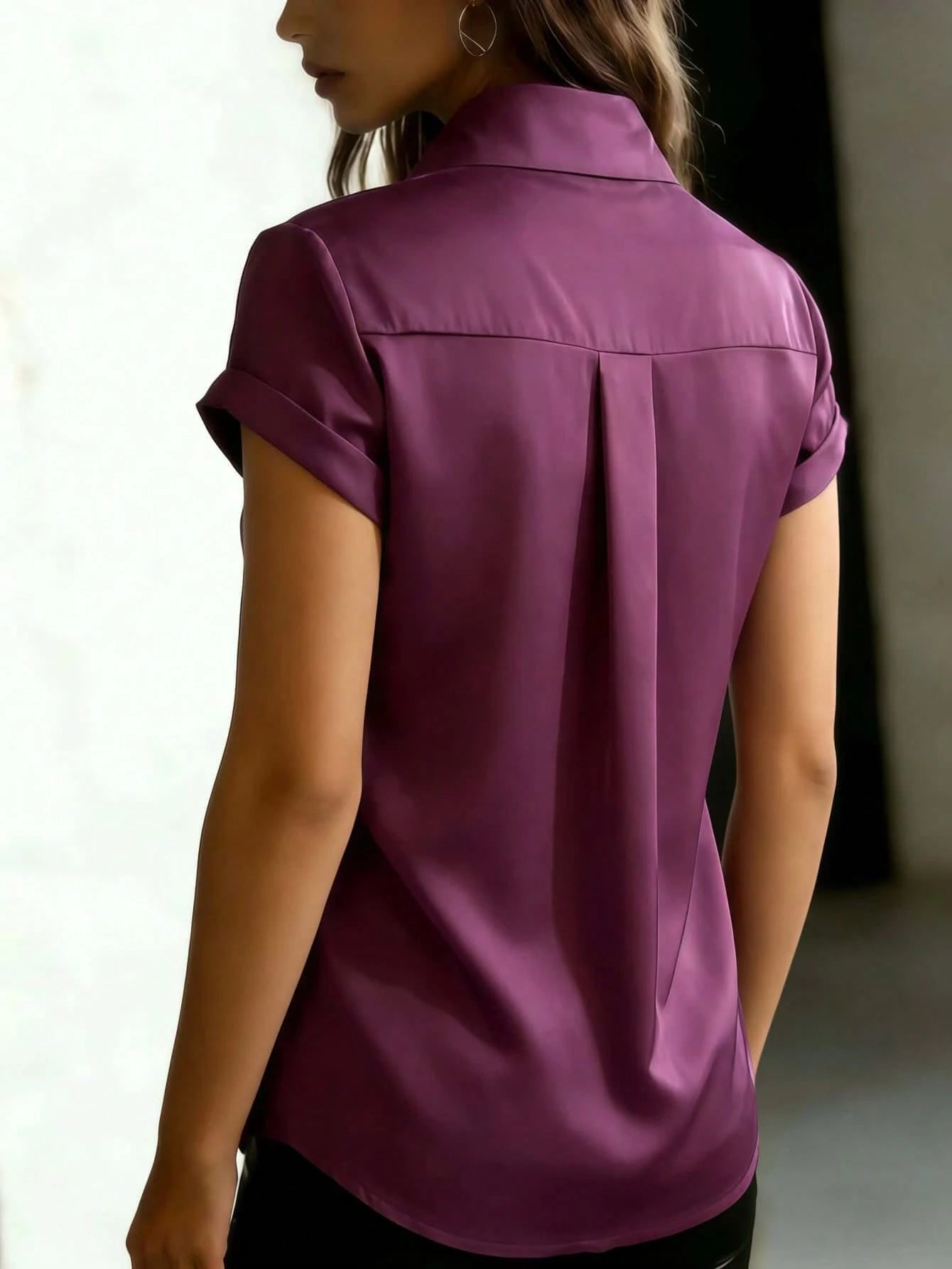 Women's Satin Collared Short Sleeve Shirt, Front Button Closure, Fitted Formal Blouse Summer