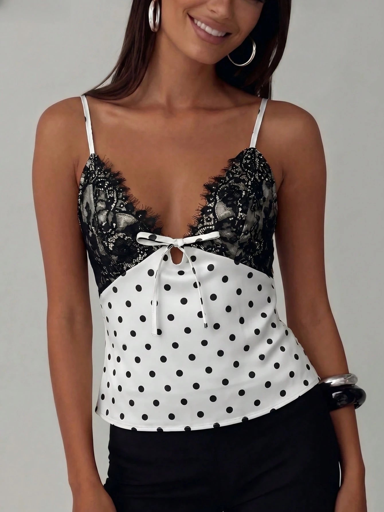 Women's Satin Lace Camisole Sexy Top, Polka Dot Satin Lace Patchwork Blouse, Suitable For Night Out, Beach Vacation, Casual White Summer