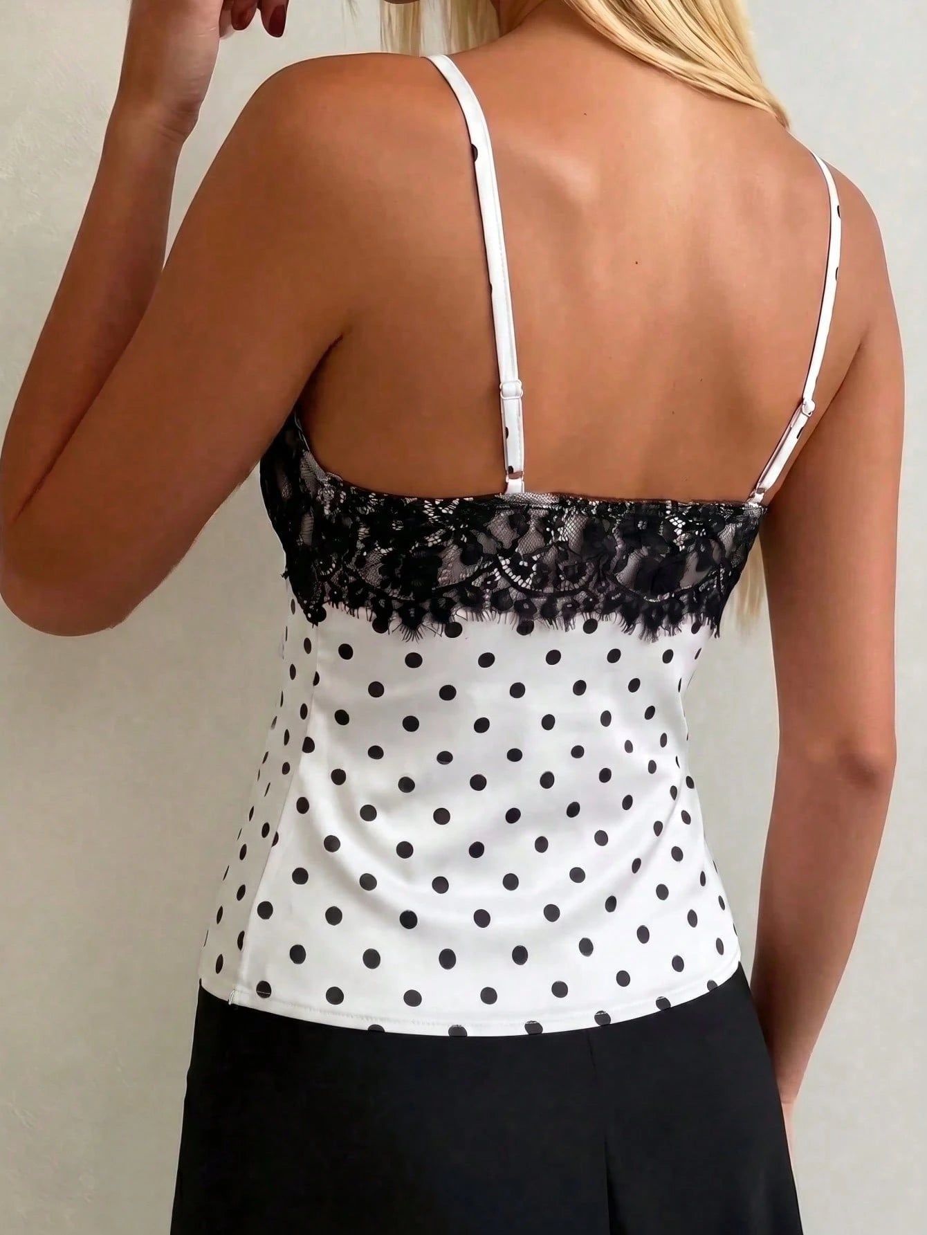 Women's Satin Lace Camisole Sexy Top, Polka Dot Satin Lace Patchwork Blouse, Suitable For Night Out, Beach Vacation, Casual White Summer