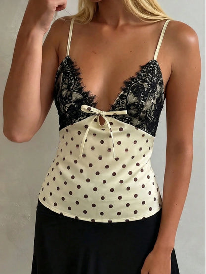 Women's Satin Lace Camisole Sexy Top, Polka Dot Satin Lace Patchwork Blouse, Suitable For Night Out, Beach Vacation, Casual White Summer