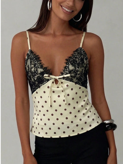 Women's Satin Lace Camisole Sexy Top, Polka Dot Satin Lace Patchwork Blouse, Suitable For Night Out, Beach Vacation, Casual White Summer