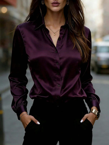 Women's Satin Long Sleeve Button-Up Shirt With Collar, Elegant Ladies Polyester Blouse Top Spring