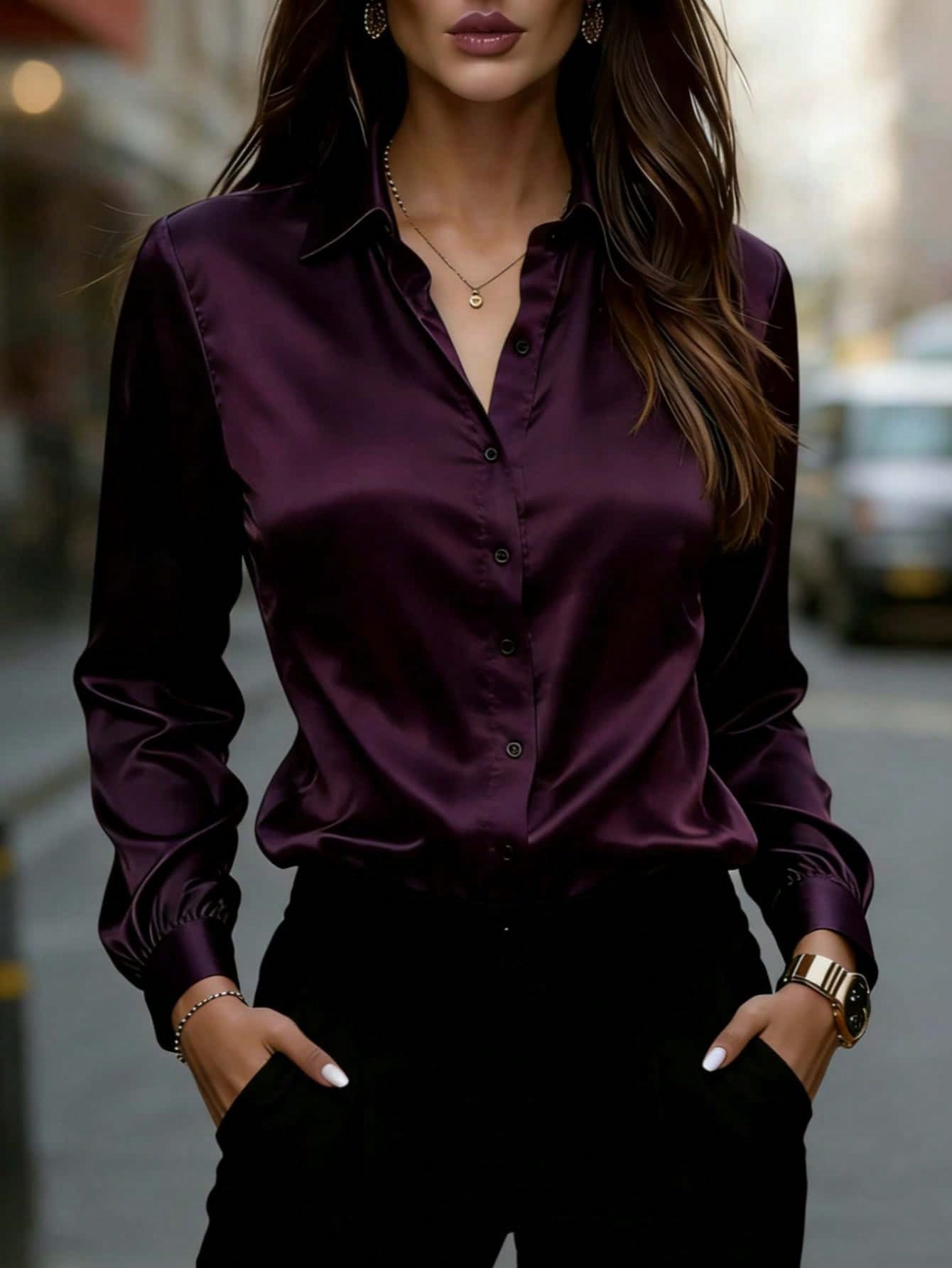 Women's Satin Long Sleeve Button-Up Shirt With Collar, Elegant Ladies Polyester Blouse Top Spring