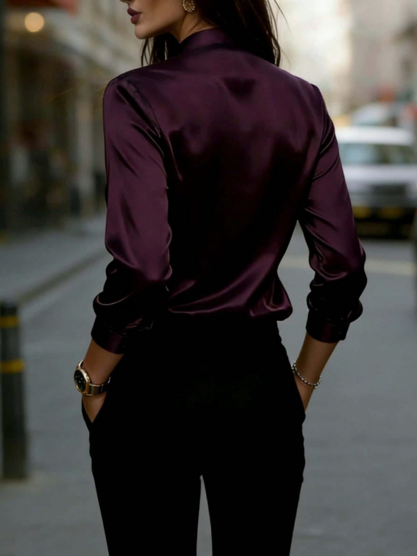 Women's Satin Long Sleeve Button-Up Shirt With Collar, Elegant Ladies Polyester Blouse Top Spring