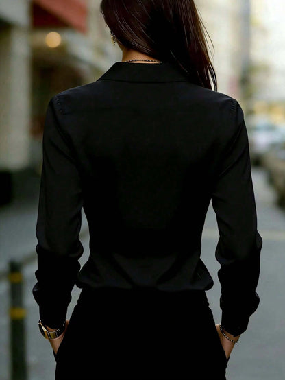 Women's Satin Long Sleeve Button-Up Shirt With Collar, Elegant Ladies Polyester Blouse Top Spring