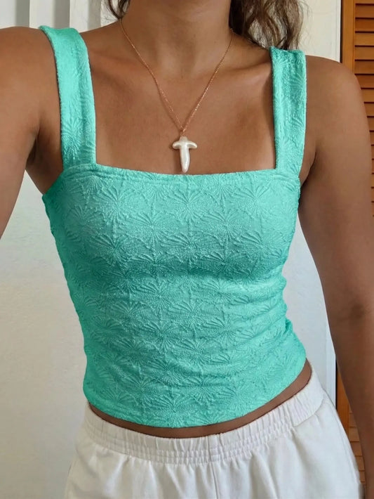 Women's Sexy Fitted Knit Square Neck Top, White Knit Jacquard Textured Fabric Tank, Fitted Regular Summer Women's Solid Color Tank Top Casual