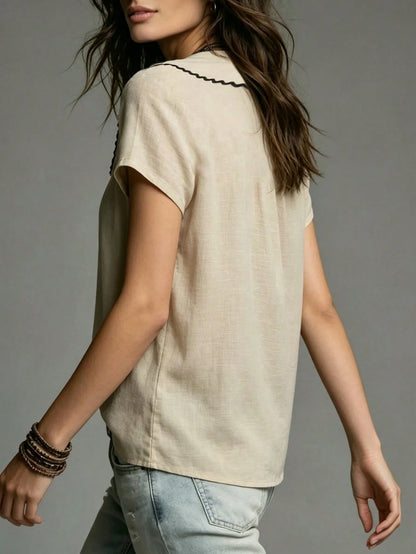 Women's Shirt With Embroidered Collar,Black And Beige,Summer,Boho,Vacation,Elegant Bamboo-Textured Fabric,French Retro Casual Top,Office Wear,Apricot