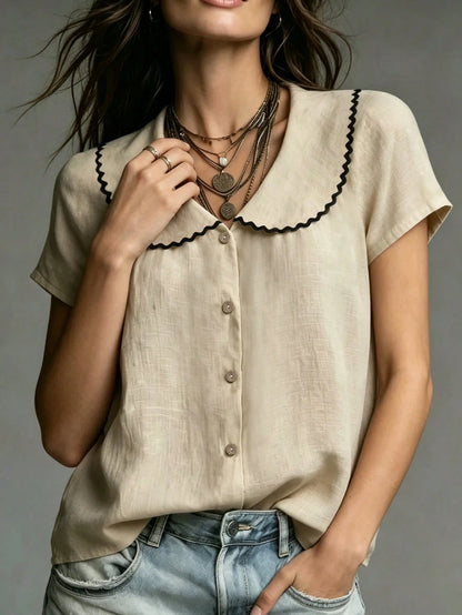 Women's Shirt With Embroidered Collar,Black And Beige,Summer,Boho,Vacation,Elegant Bamboo-Textured Fabric,French Retro Casual Top,Office Wear,Apricot