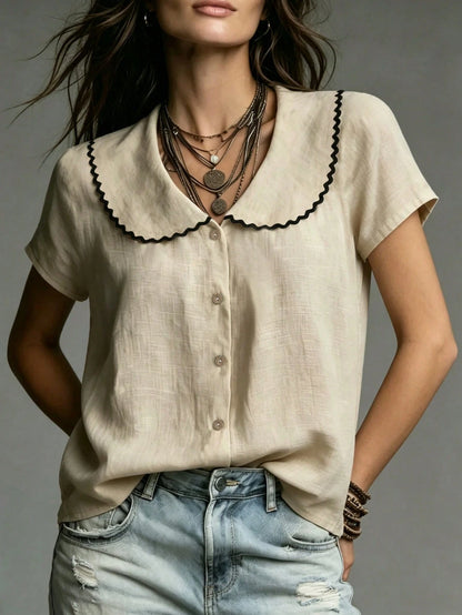 Women's Shirt With Embroidered Collar,Black And Beige,Summer,Boho,Vacation,Elegant Bamboo-Textured Fabric,French Retro Casual Top,Office Wear,Apricot