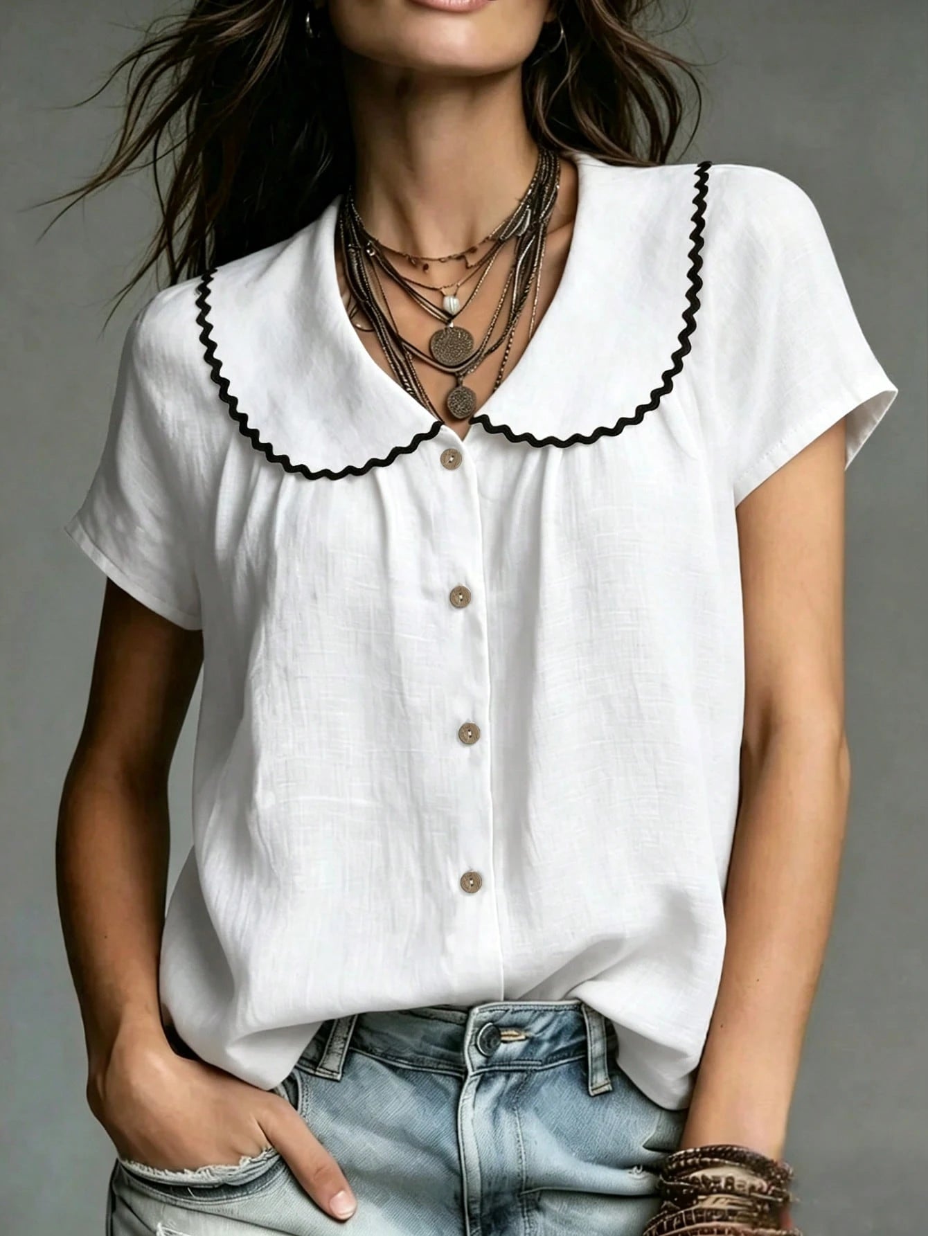 Women's Shirt With Embroidered Collar,Black And Beige,Summer,Boho,Vacation,Elegant Bamboo-Textured Fabric,French Retro Casual Top,Office Wear,Apricot