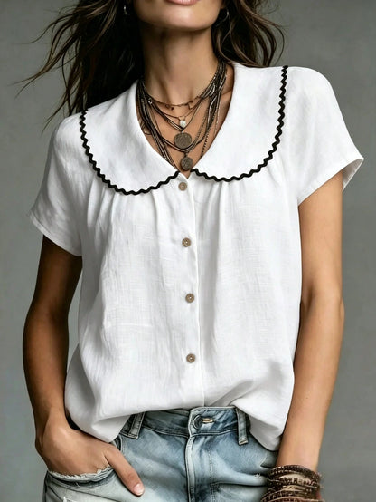 Women's Shirt With Embroidered Collar,Black And Beige,Summer,Boho,Vacation,Elegant Bamboo-Textured Fabric,French Retro Casual Top,Office Wear,Apricot
