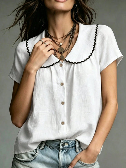 Women's Shirt With Embroidered Collar,Black And Beige,Summer,Boho,Vacation,Elegant Bamboo-Textured Fabric,French Retro Casual Top,Office Wear,Apricot