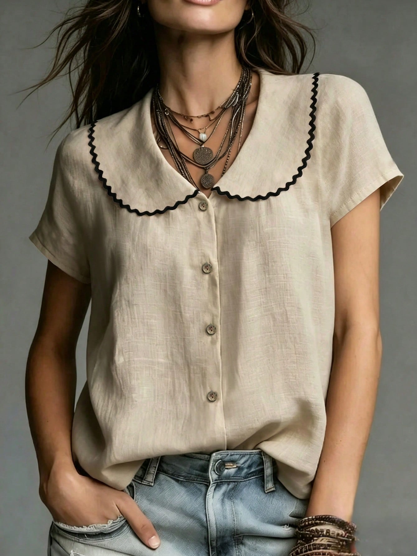 Women's Shirt With Embroidered Collar,Black And Beige,Summer,Boho,Vacation,Elegant Bamboo-Textured Fabric,French Retro Casual Top,Office Wear,Apricot