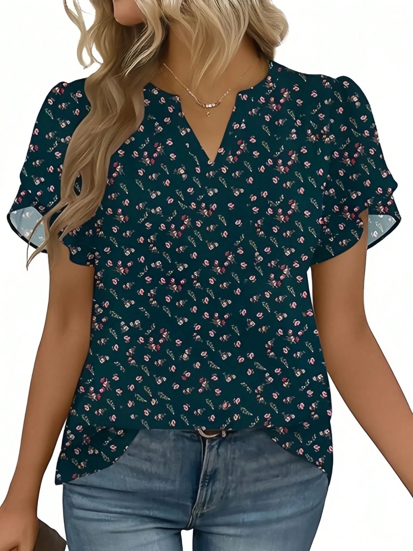 Women's Short Sleeve V-Neck Printed Chiffon Shirt – Lightweight Blouse For Work, Vacation, Home, Holiday, Comfortable Top For Spring Summer Fall