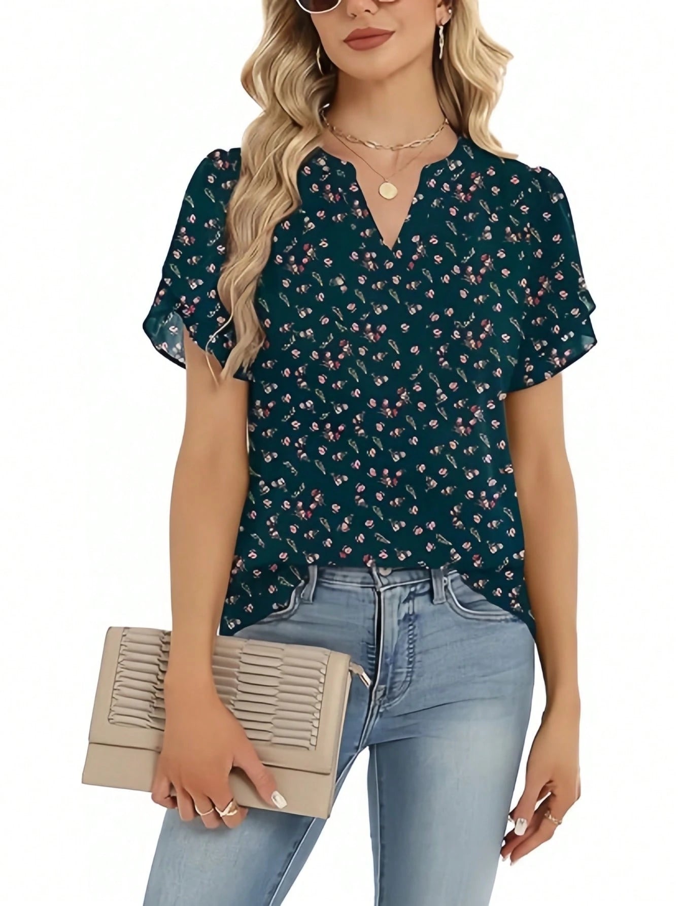 Women's Short Sleeve V-Neck Printed Chiffon Shirt – Lightweight Blouse For Work, Vacation, Home, Holiday, Comfortable Top For Spring Summer Fall