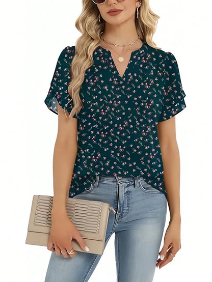 Women's Short Sleeve V-Neck Printed Chiffon Shirt – Lightweight Blouse For Work, Vacation, Home, Holiday, Comfortable Top For Spring Summer Fall