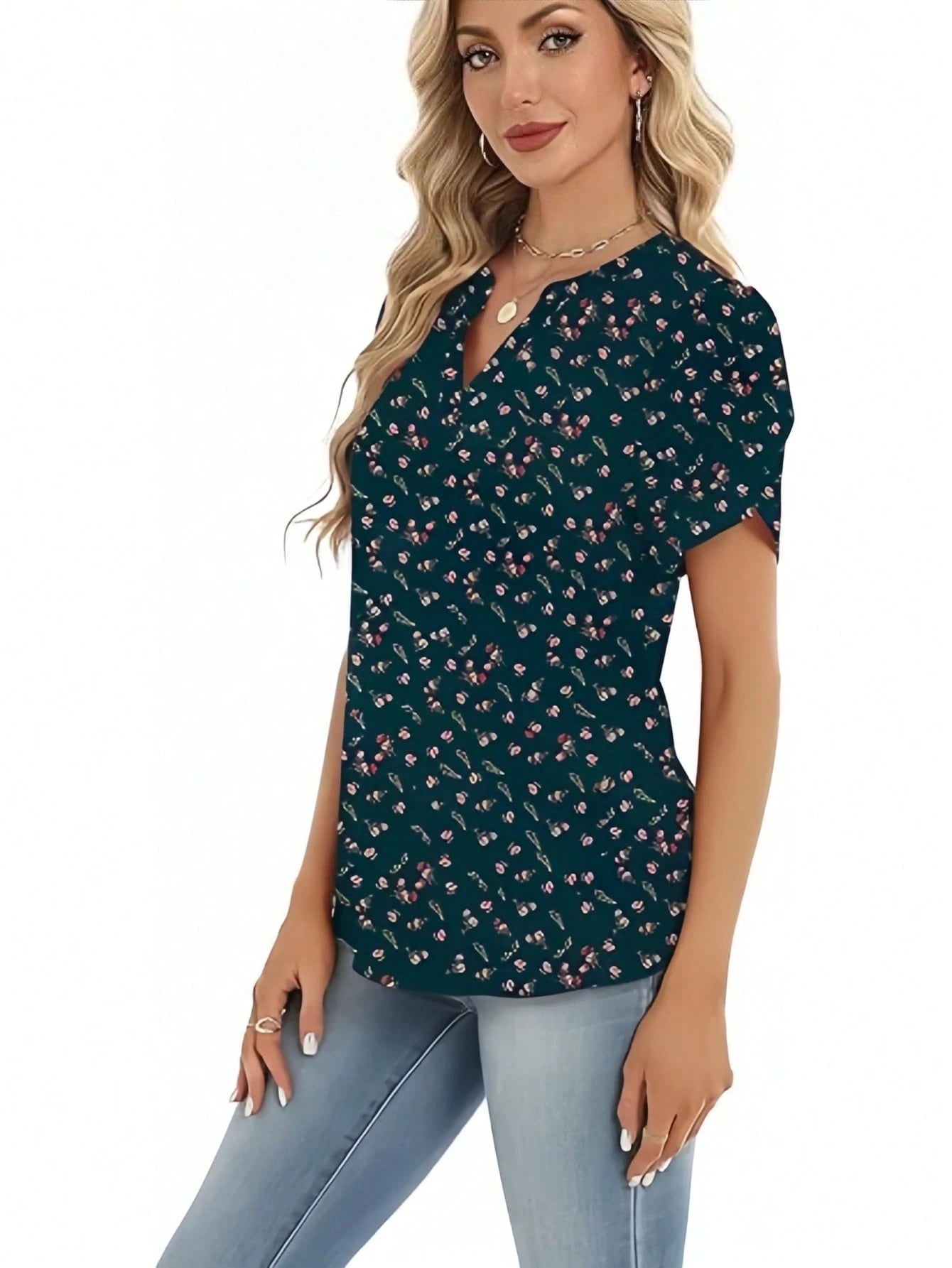 Women's Short Sleeve V-Neck Printed Chiffon Shirt – Lightweight Blouse For Work, Vacation, Home, Holiday, Comfortable Top For Spring Summer Fall