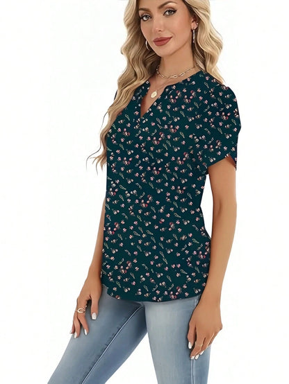 Women's Short Sleeve V-Neck Printed Chiffon Shirt – Lightweight Blouse For Work, Vacation, Home, Holiday, Comfortable Top For Spring Summer Fall