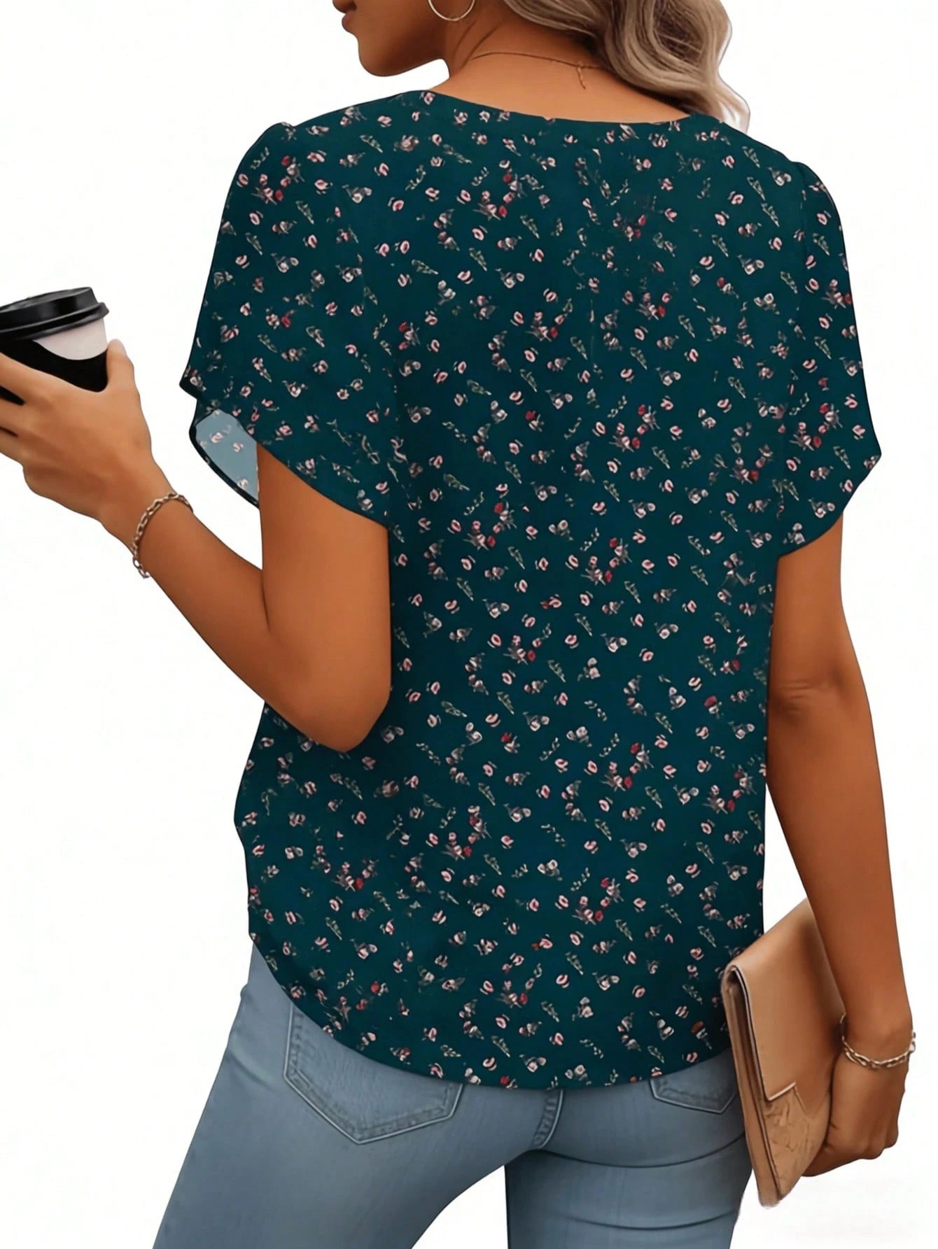 Women's Short Sleeve V-Neck Printed Chiffon Shirt – Lightweight Blouse For Work, Vacation, Home, Holiday, Comfortable Top For Spring Summer Fall