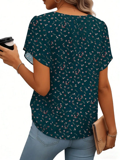Women's Short Sleeve V-Neck Printed Chiffon Shirt – Lightweight Blouse For Work, Vacation, Home, Holiday, Comfortable Top For Spring Summer Fall