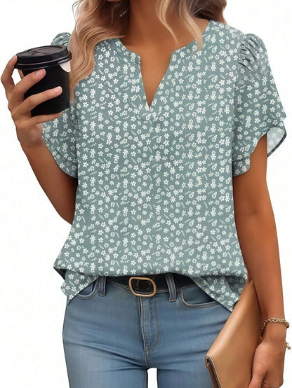 Women's Short Sleeve V-Neck Printed Chiffon Shirt – Lightweight Blouse For Work, Vacation, Home, Holiday, Comfortable Top For Spring Summer Fall