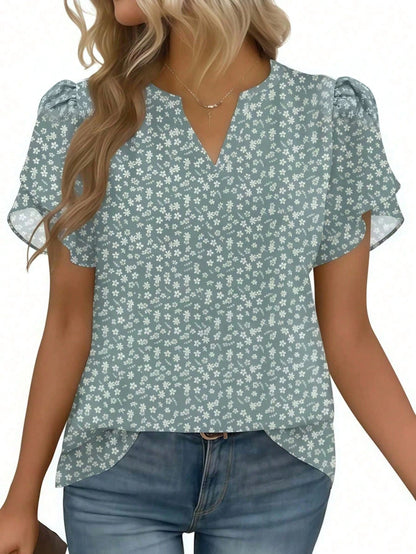 Women's Short Sleeve V-Neck Printed Chiffon Shirt – Lightweight Blouse For Work, Vacation, Home, Holiday, Comfortable Top For Spring Summer Fall