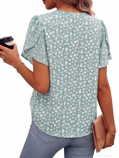 Women's Short Sleeve V-Neck Printed Chiffon Shirt – Lightweight Blouse For Work, Vacation, Home, Holiday, Comfortable Top For Spring Summer Fall