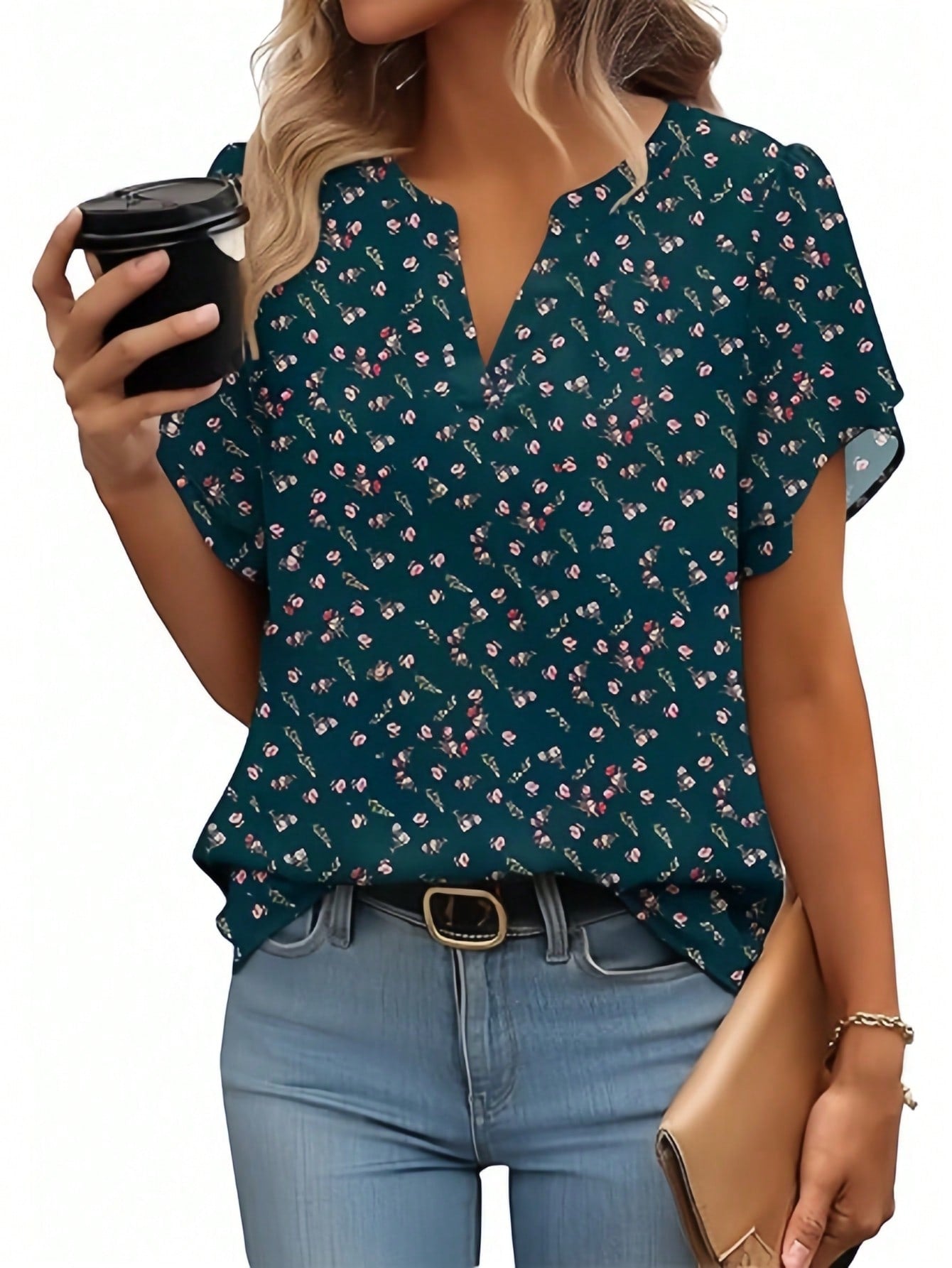 Women's Short Sleeve V-Neck Printed Chiffon Shirt – Lightweight Blouse For Work, Vacation, Home, Holiday, Comfortable Top For Spring Summer Fall