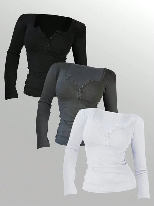 Women's Solid Color Button Half Placket Long Sleeve Casual T-Shirt, Spring/Summer
