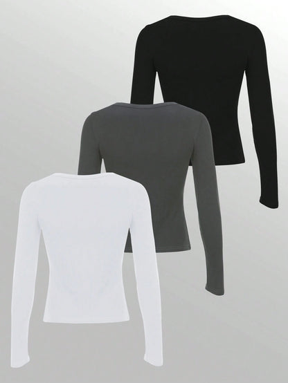 Women's Solid Color Button Half Placket Long Sleeve Casual T-Shirt, Spring/Summer