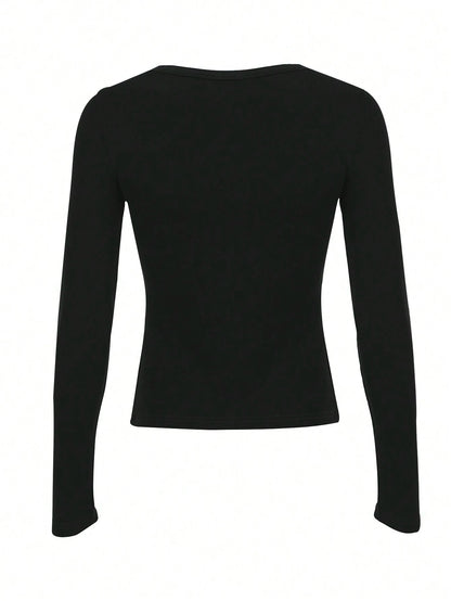 Women's Solid Color Button Half Placket Long Sleeve Casual T-Shirt, Spring/Summer