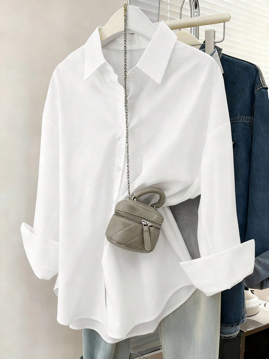 Women's Solid Color Drop Shoulder Long Sleeve Single-Breasted Casual Shirt White Spring