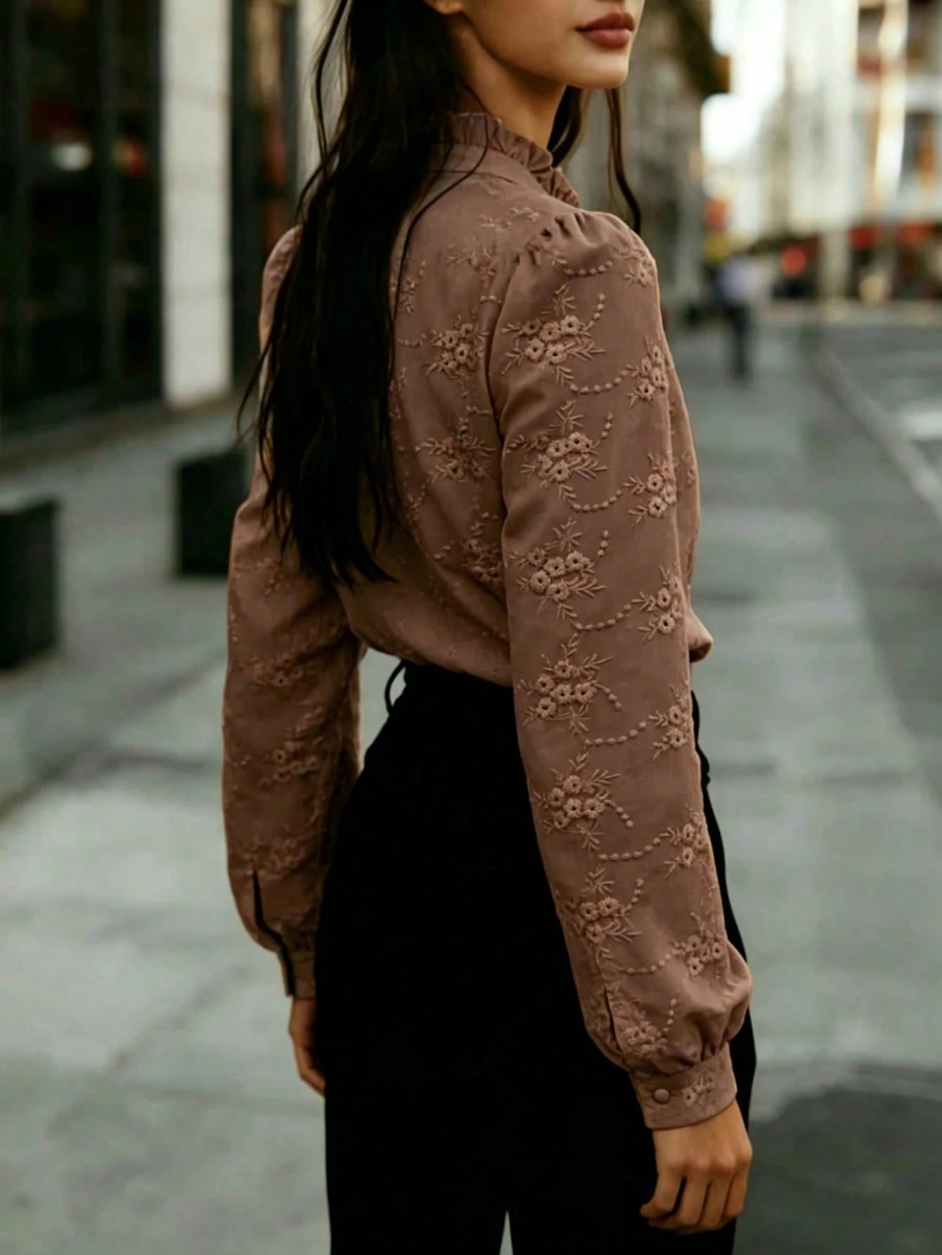 Women's Solid Color Long Sleeve Shirt, Floral Embroidery, Lapel Casual Business Top Brown