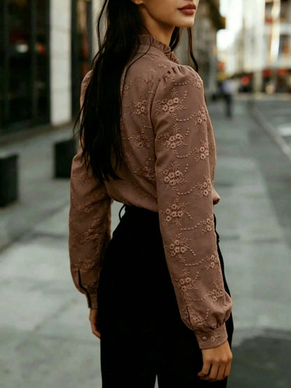 Women's Solid Color Long Sleeve Shirt, Floral Embroidery, Lapel Casual Business Top Brown