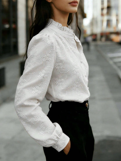 Women's Solid Color Long Sleeve Shirt, Floral Embroidery, Lapel Casual Business Top Brown