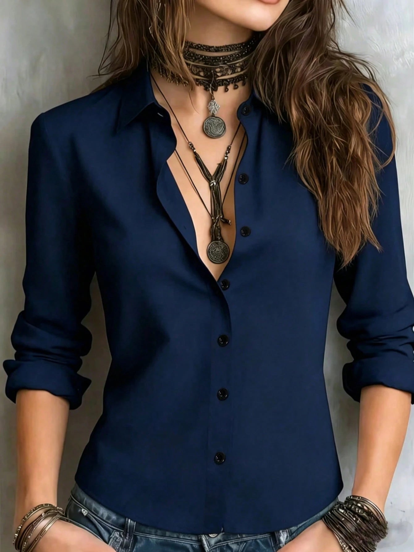 Women's Solid Color Long Sleeve Shirt, Featuring A Collared Design To Showcase A Professional And Capable Demeanor, Made Of Comfortable Fabric.