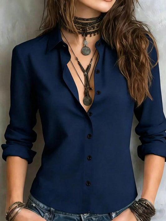 Women's Solid Color Long Sleeve Shirt, Featuring A Collared Design To Showcase A Professional And Capable Demeanor, Made Of Comfortable Fabric.